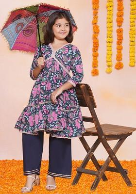 Blue Girls Floral Printed Empire Gotta Patti Pure Cotton Kurta With Palazzos