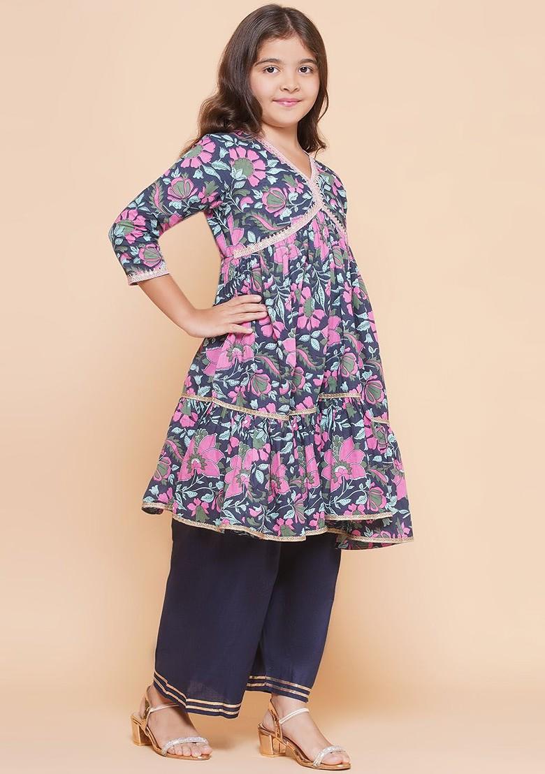 Blue Girls Floral Printed Empire Gotta Patti Pure Cotton Kurta With Palazzos