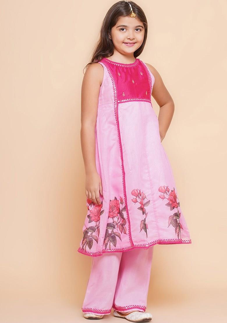 Pink Girls Floral Printed Gotta Patti Panelled Anarkali Kurta With Palazzos