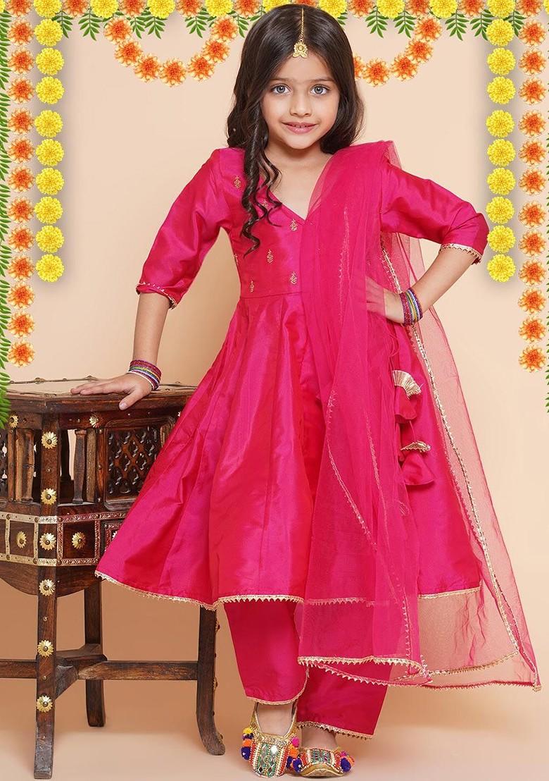 Pink Girls Embroidered Angrakha Kurta With Trousers And Dupatta