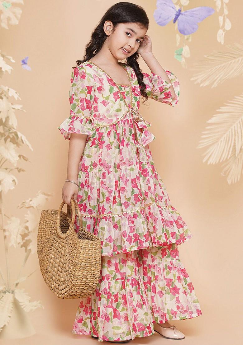 Cream Girls Floral Printed Tiered Gotta Patti Kurta With Sharara