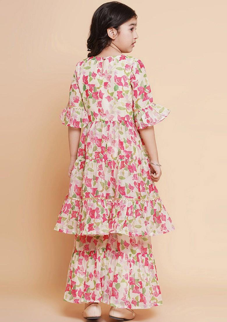 Cream Girls Floral Printed Tiered Gotta Patti Kurta With Sharara