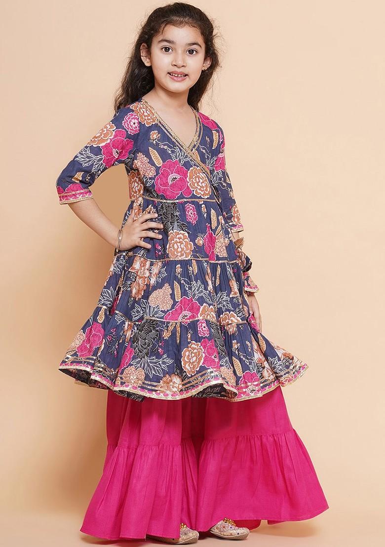 Blue Girls Floral Printed Angrakha Pure Cotton Gotta Patti Kurta With Sharara