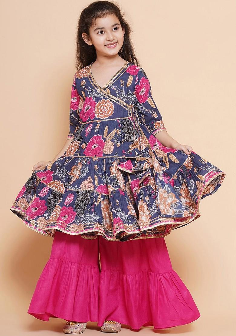 Blue Girls Floral Printed Angrakha Pure Cotton Gotta Patti Kurta With Sharara