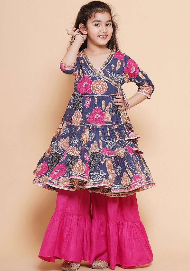Pink Floral Printed Angrakha Gotta Patti Pure Cotton Kurta With Sharara - Indya