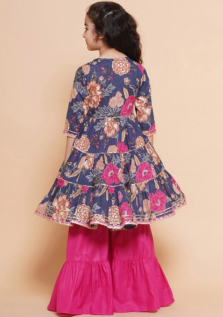 Pink Floral Printed Angrakha Gotta Patti Pure Cotton Kurta With Sharara