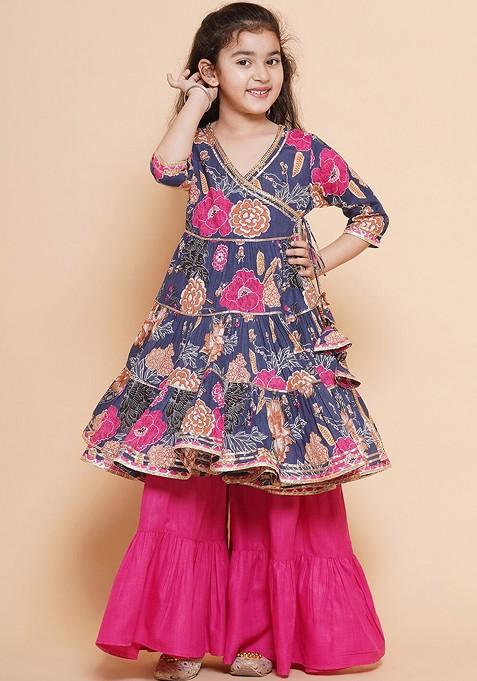 Pink Floral Printed Angrakha Gotta Patti Pure Cotton Kurta With Sharara — view on Indya