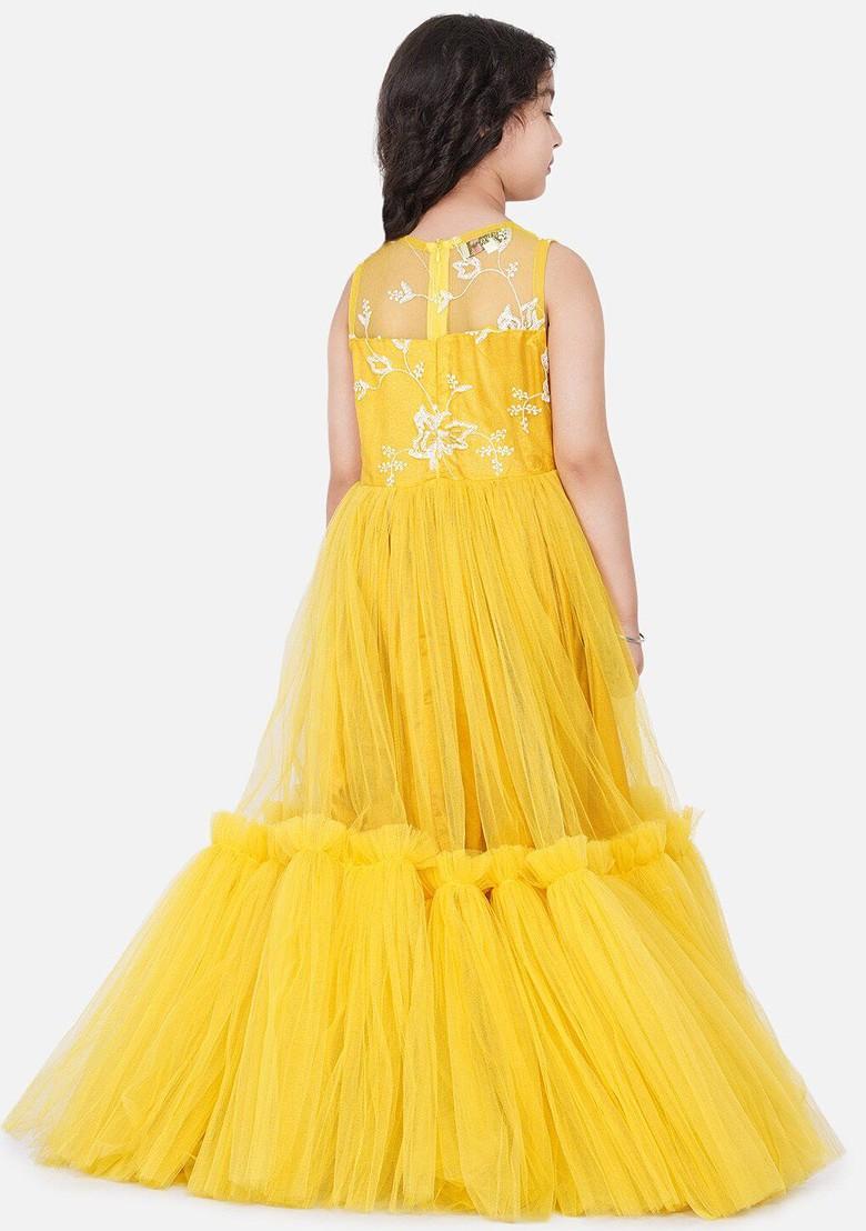 Yellow Girls Floral Embroidered Net Gown