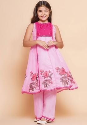 Pink Girls Floral Printed Gotta Patti Panelled Anarkali Kurta With Palazzos