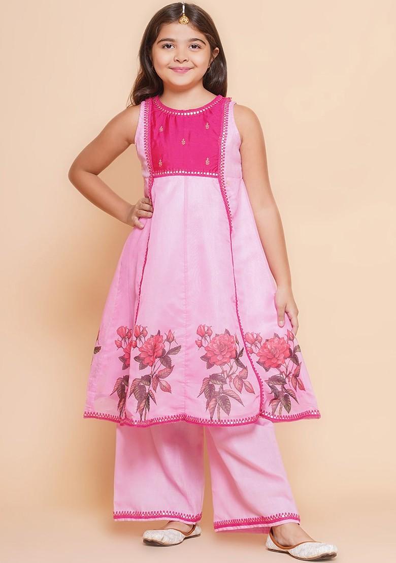 Pink Girls Floral Printed Gotta Patti Panelled Anarkali Kurta With Palazzos