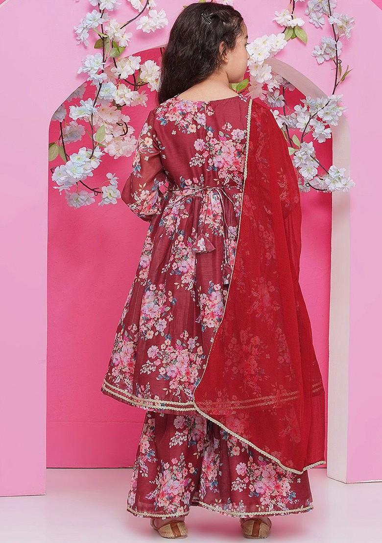 Maroon Girls Floral Printed Empire Gotta Patti Kurta With Sharara And With Dupatta