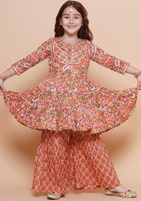 Peach Girls Floral Printed Cotton Kurta With Sharara