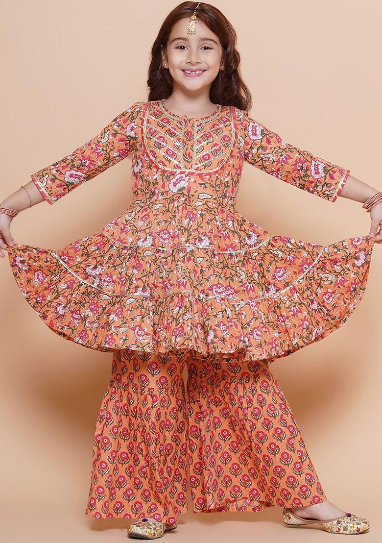 Peach Girls Floral Printed Cotton Kurta With Sharara