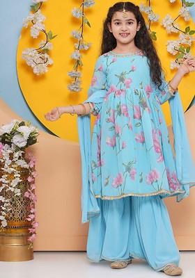 Blue Girls Floral Printed Regular Gotta Patti Kurta With Sharara And With Dupatta