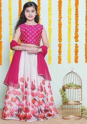 Pink Girls Embroidered Mirror Work Ready To Wear Lehenga And Blouse With Dupatta