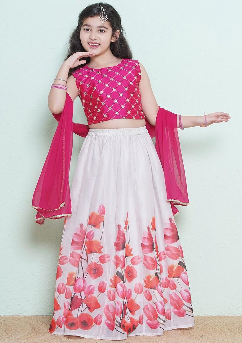 Pink Girls Embroidered Mirror Work Ready To Wear Lehenga And Blouse With Dupatta