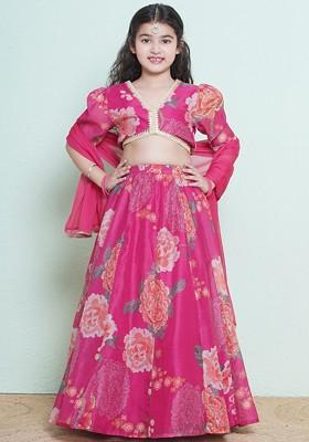 Pink Girls Printed Ready To Wear Lehenga And Blouse With Dupatta