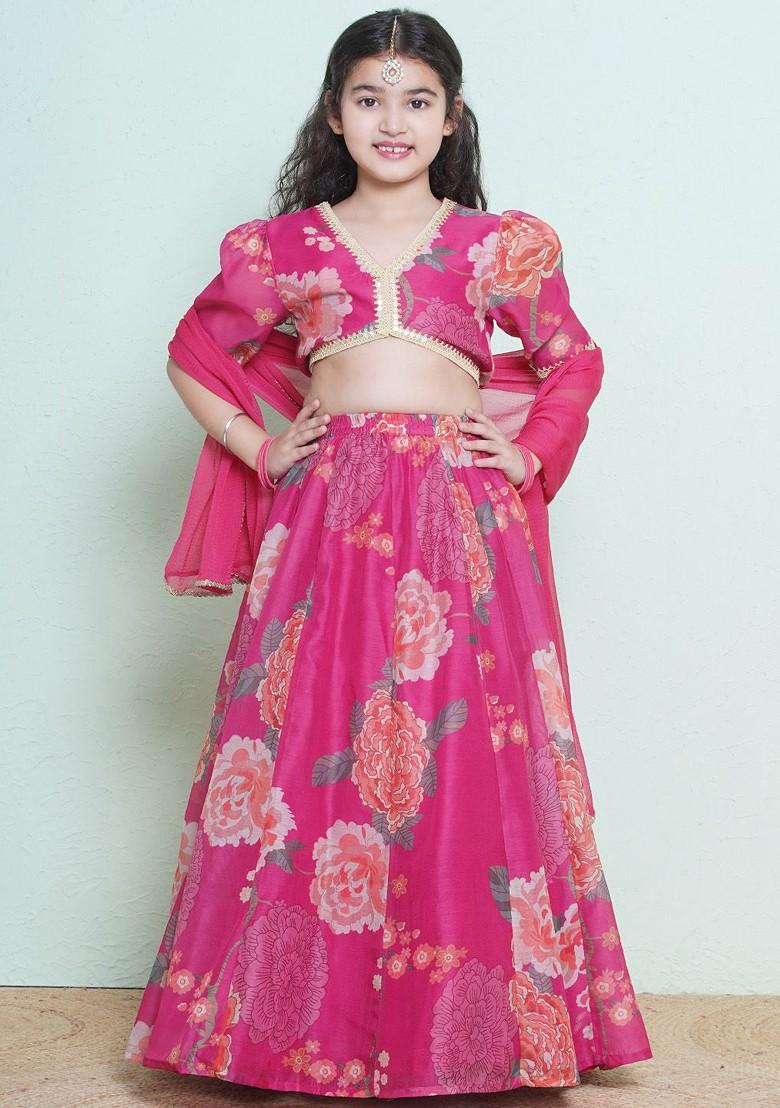 Pink Girls Printed Ready To Wear Lehenga And Blouse With Dupatta