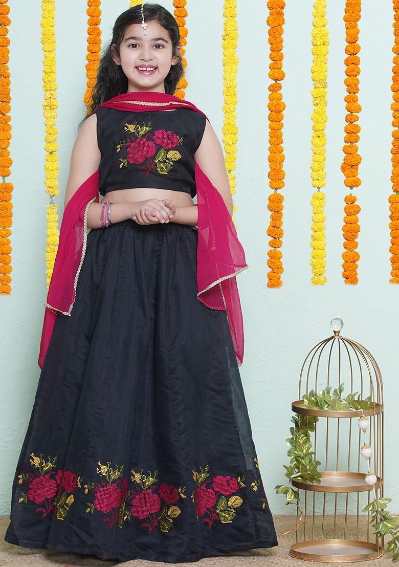 Black Girls Embroidered Thread Work Ready To Wear Lehenga And Blouse With Dupatta