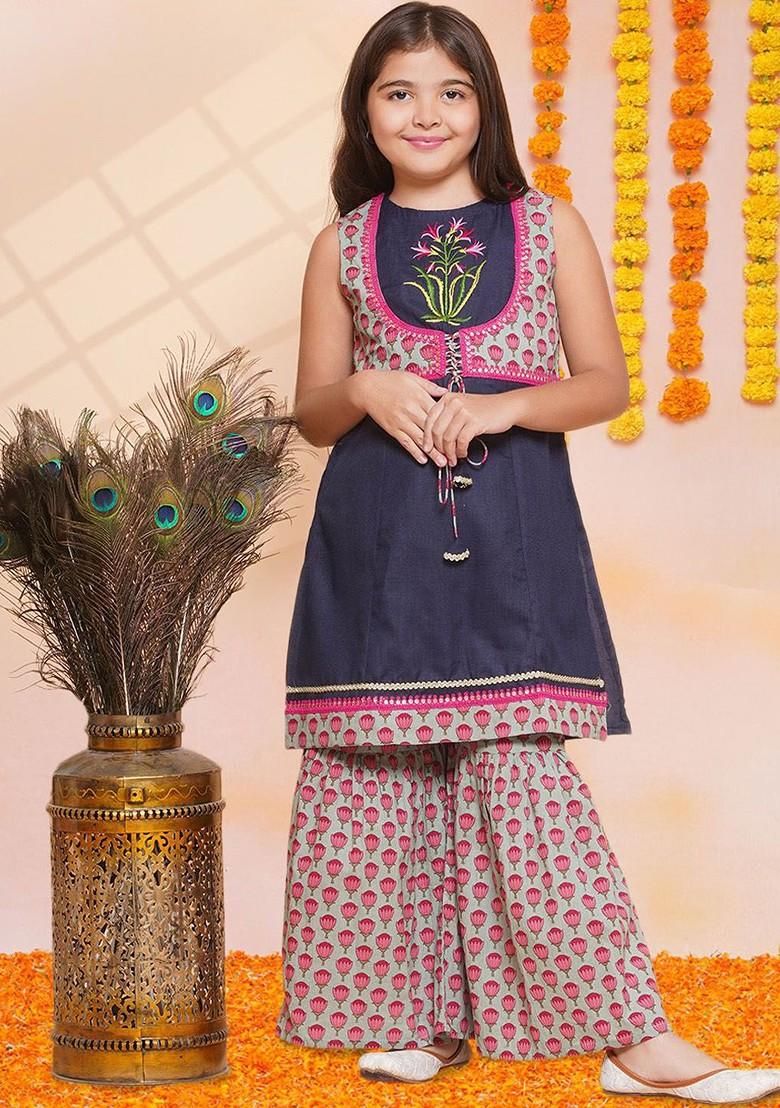 Blue Girls Floral Printed Regular Sequinned Pure Cotton Kurta With Sharara