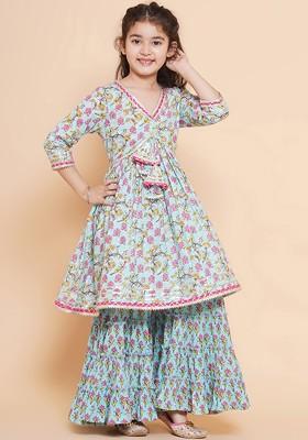 Blue Girls Floral Printed Cotton Kurta With Sharara