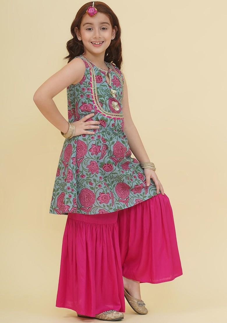 Blue Girls Ethnic Motifs Printed Panelled Gotta Patti Pure Cotton Kurta With Sharara