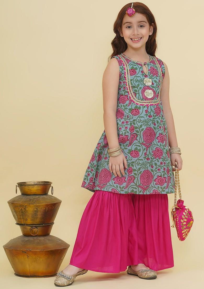 Blue Girls Ethnic Motifs Printed Panelled Gotta Patti Pure Cotton Kurta With Sharara