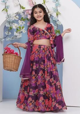 Purple Girls Printed Ready To Wear Lehenga And Blouse With Dupatta