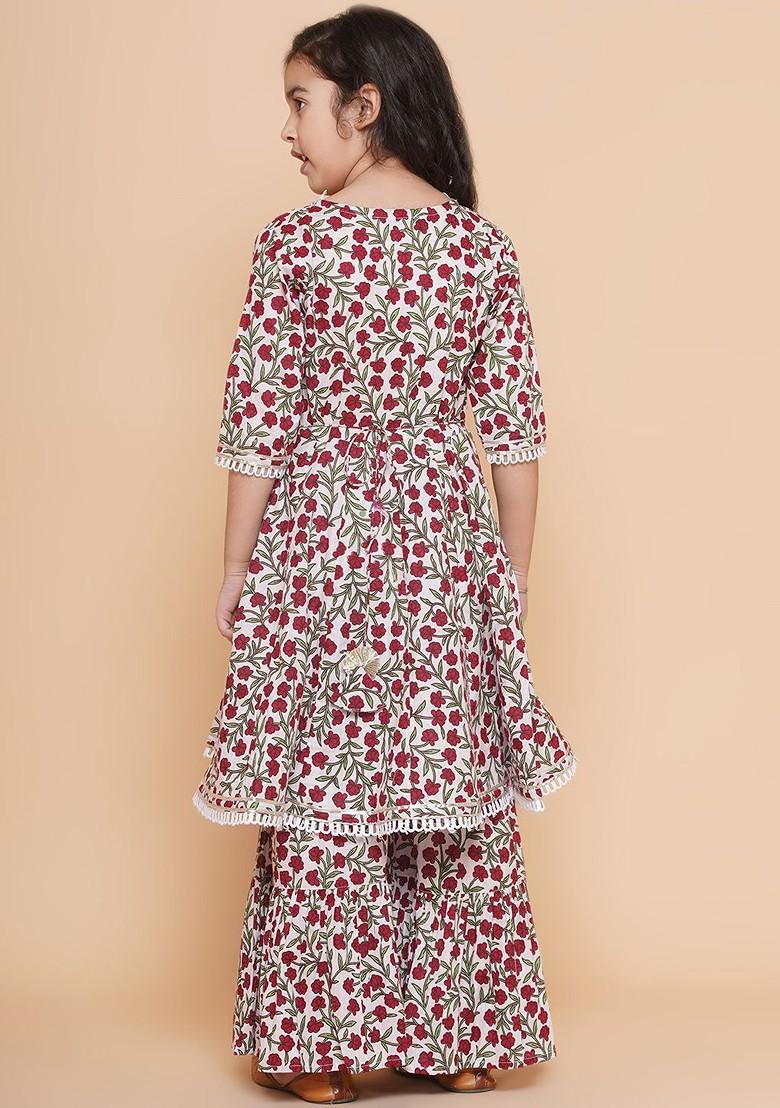 Off White Girls Floral Printed Cotton Kurta With Sharara