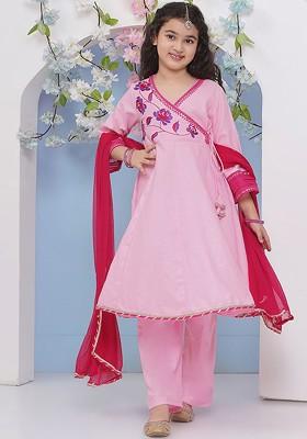 Pink Girls Floral Embroidered Sequinned Anarkali Kurta With Trousers And Dupatta