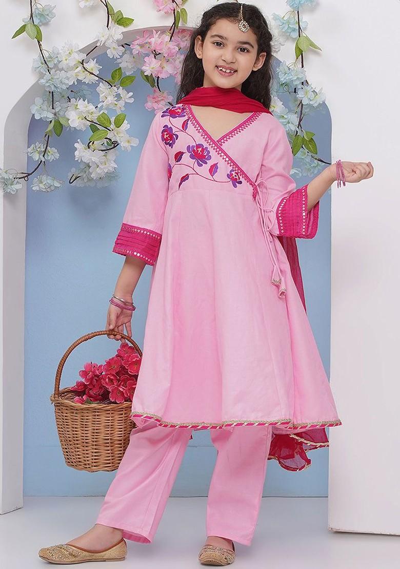 Pink Girls Floral Embroidered Sequinned Anarkali Kurta With Trousers And Dupatta