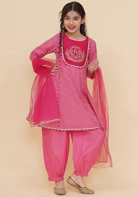 Pink Girls Empire Gotta Patti Anarkali Kurta With Salwar And Dupatta