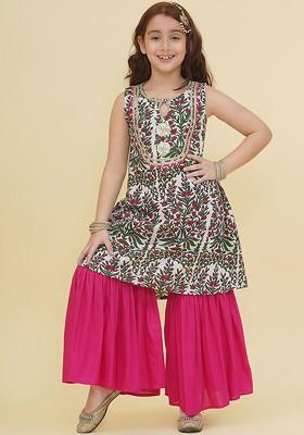 Off White Girls Ethnic Motifs Printed Regular Gotta Patti Pure Cotton Kurta With Sharara