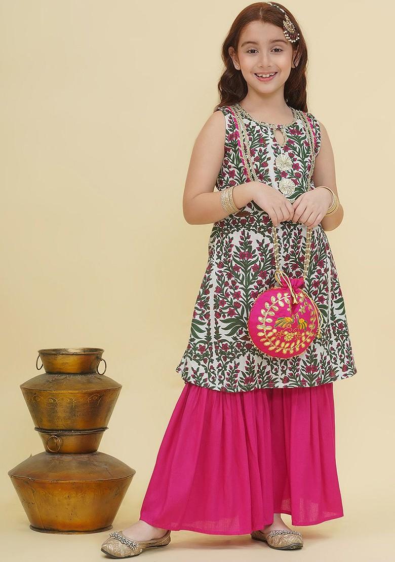 Off White Girls Ethnic Motifs Printed Regular Gotta Patti Pure Cotton Kurta With Sharara