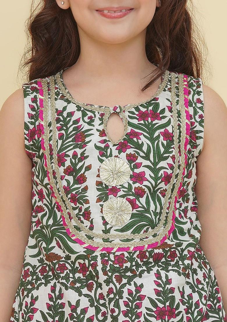Off White Girls Ethnic Motifs Printed Regular Gotta Patti Pure Cotton Kurta With Sharara