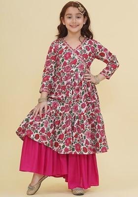Off White Girls Floral Printed Angrakha Gotta Patti Pure Cotton Kurta With Sharara