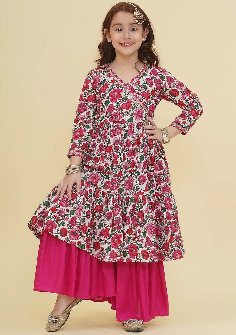 Off White Girls Floral Printed Angrakha Gotta Patti Pure Cotton Kurta With Sharara