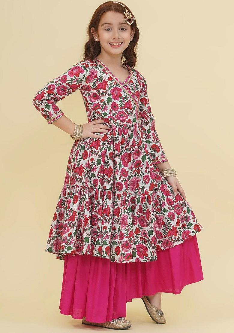 Off White Girls Floral Printed Angrakha Gotta Patti Pure Cotton Kurta With Sharara