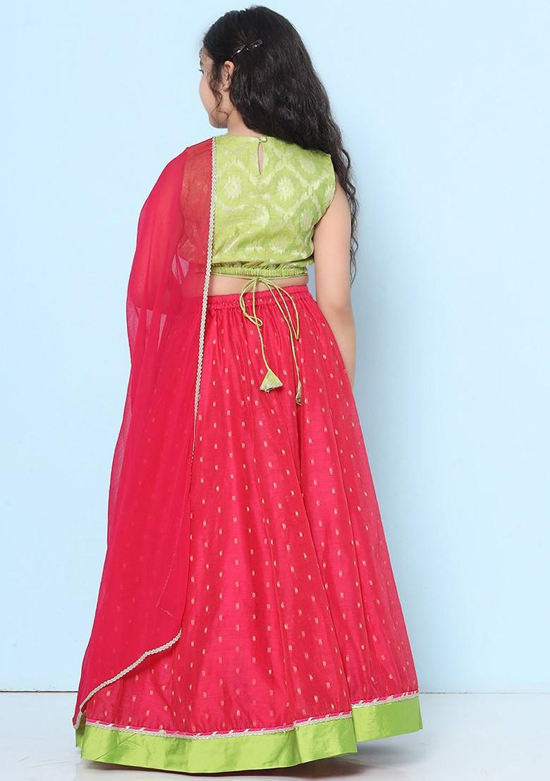 Pink Girls Floral Woven Design Ready To Wear Lehenga And Blouse With Dupatta