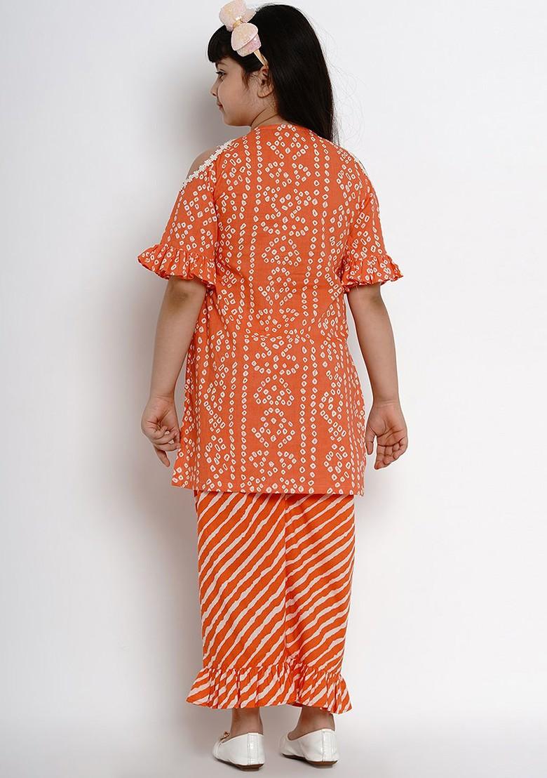 Orange Kids Girls Bandhani Print Pure Cotton Kurta With Trousers