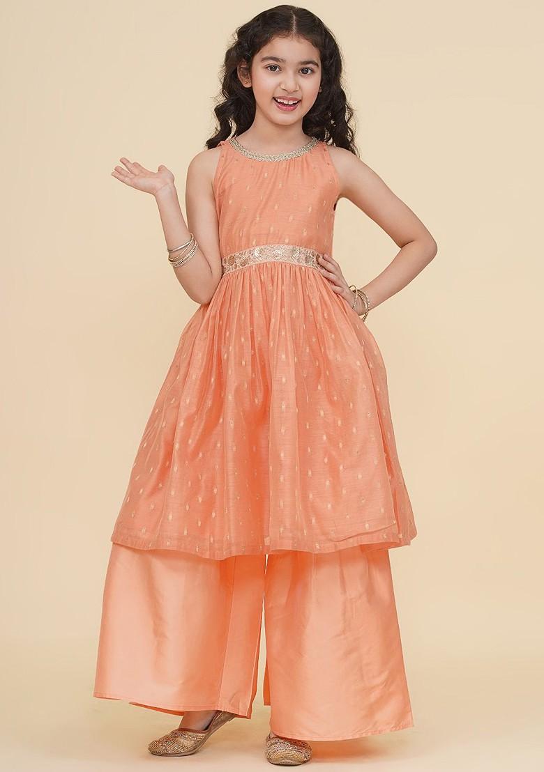 Peach Girls Ethnic Motifs Empire Gotta Patti Kurta With Sharara