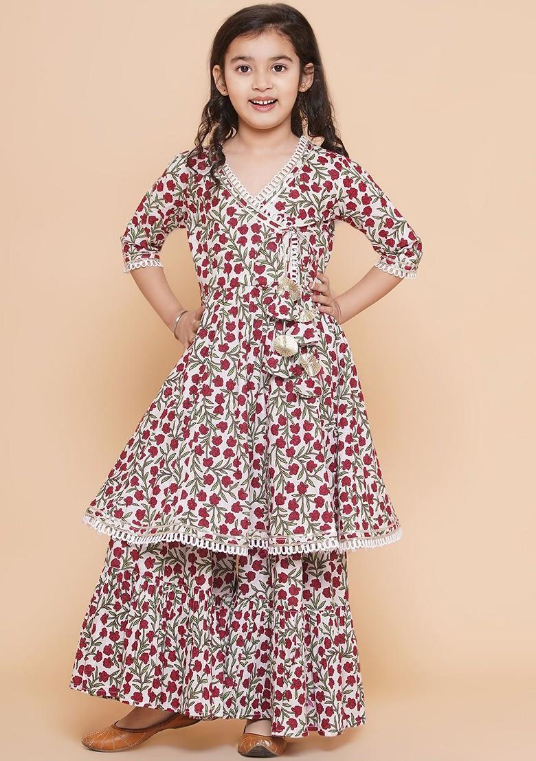 Off White Girls Floral Printed Cotton Kurta With Sharara