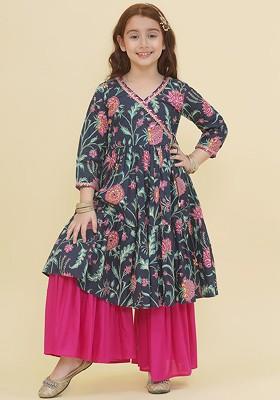 Blue Girls Ethnic Motifs Printed Angrakha Gotta Patti Pure Cotton Kurta With Sharara