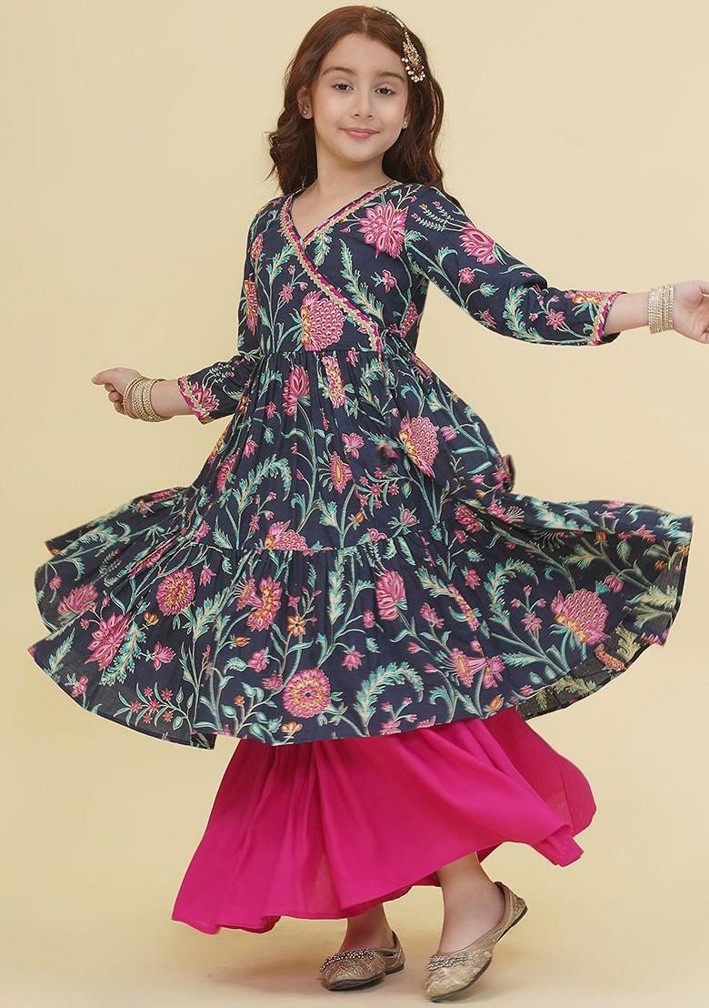 Blue Girls Ethnic Motifs Printed Angrakha Gotta Patti Pure Cotton Kurta With Sharara