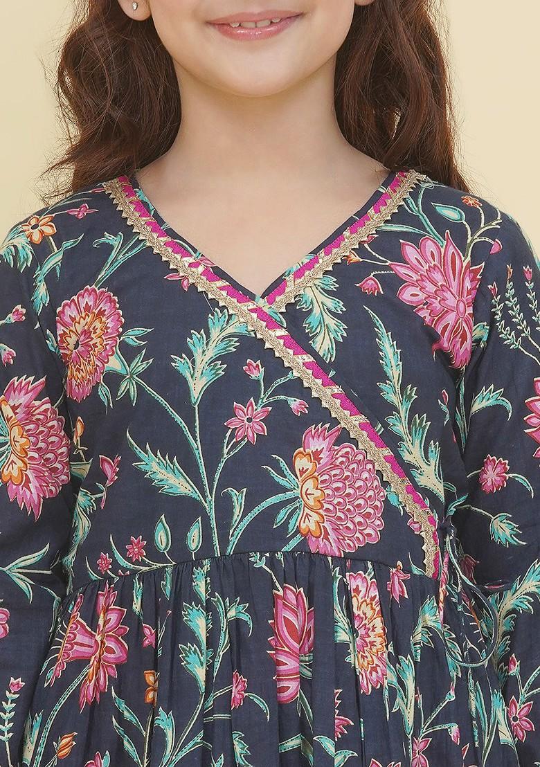 Blue Girls Ethnic Motifs Printed Angrakha Gotta Patti Pure Cotton Kurta With Sharara