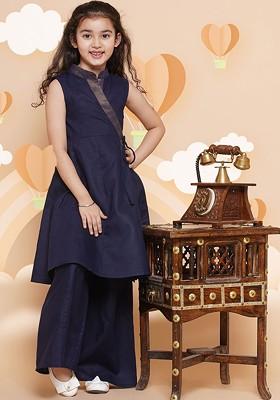 Navy Blue Girls Solid Cotton Kurta With Palazzos