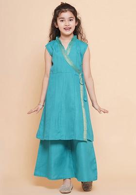 Sea Green Girls Solid Cotton Kurta With Palazzo
