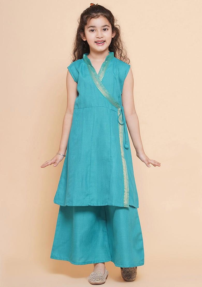 Sea Green Girls Solid Cotton Kurta With Palazzo