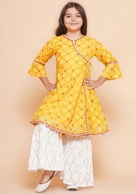 Yellow Girls Ethnic Motifs Printed Angrakha Gotta Patti Pure Cotton Kurta With Sharara