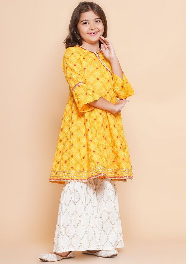 Yellow Girls Ethnic Motifs Printed Angrakha Gotta Patti Pure Cotton Kurta With Sharara
